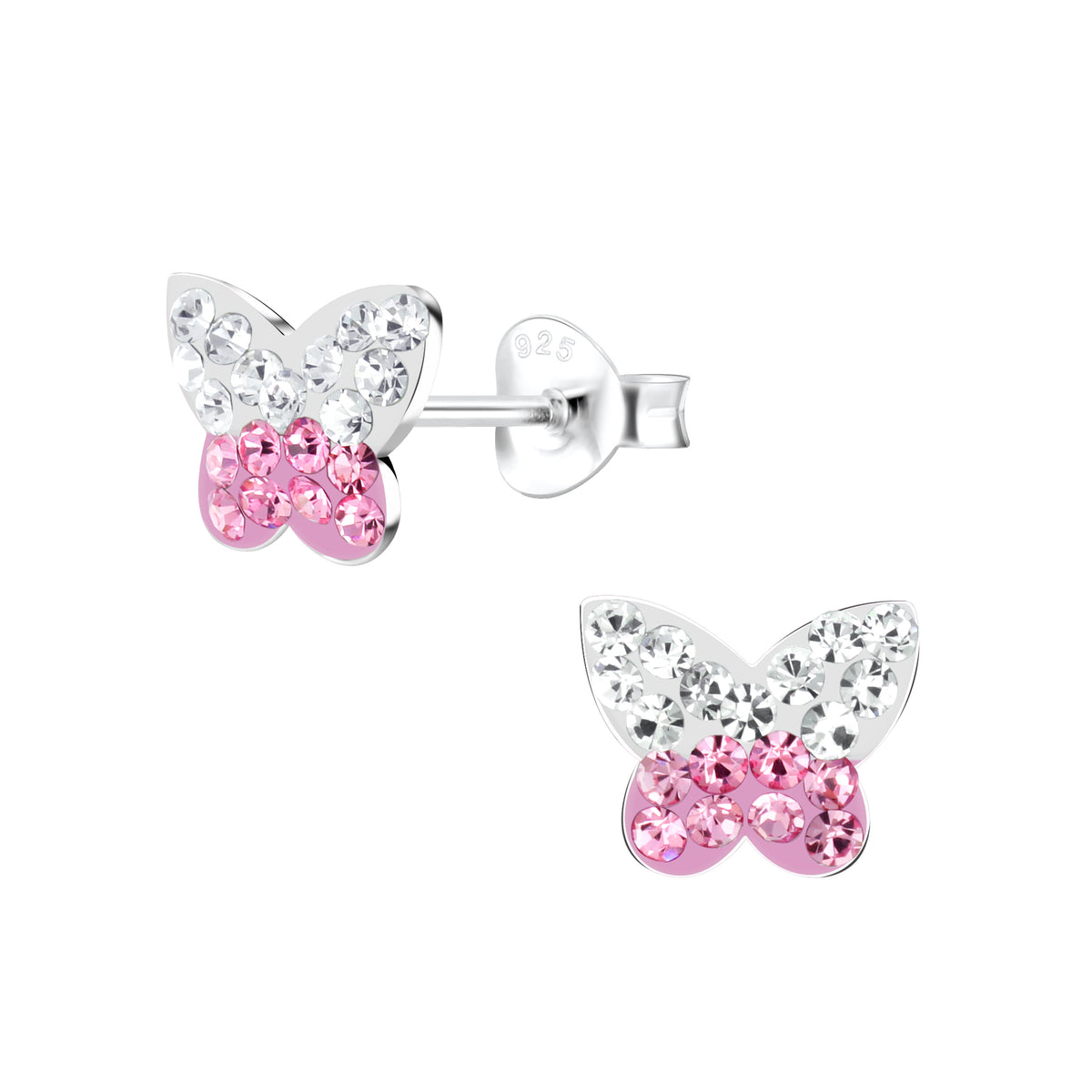 Silver earrings pink butterfly with zircons